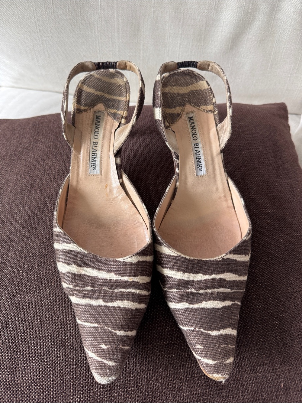 Manolo Blahnik Brown & Cream Zebra-Print Slingback Pumps
